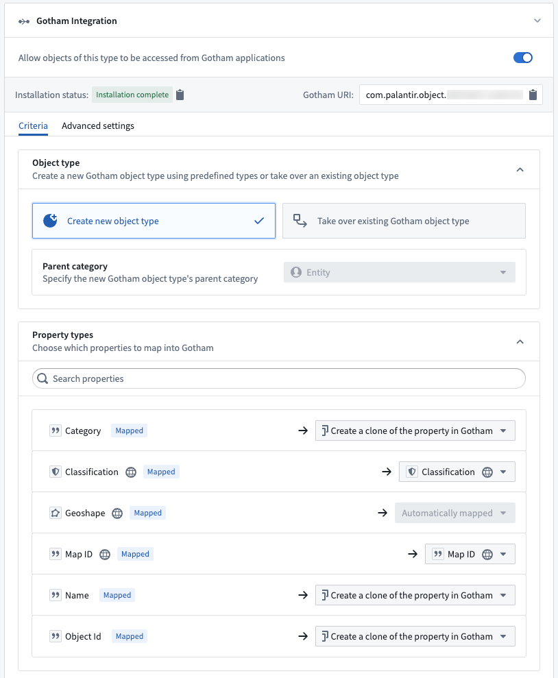 Type mapping settings for an object type in the Gotham Integration panel.
