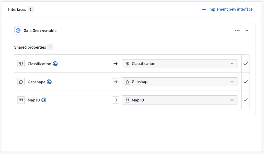 Ontology Manager's Interfaces window displays the Gaia Geocreatable interface after it has been implemented on an object type.