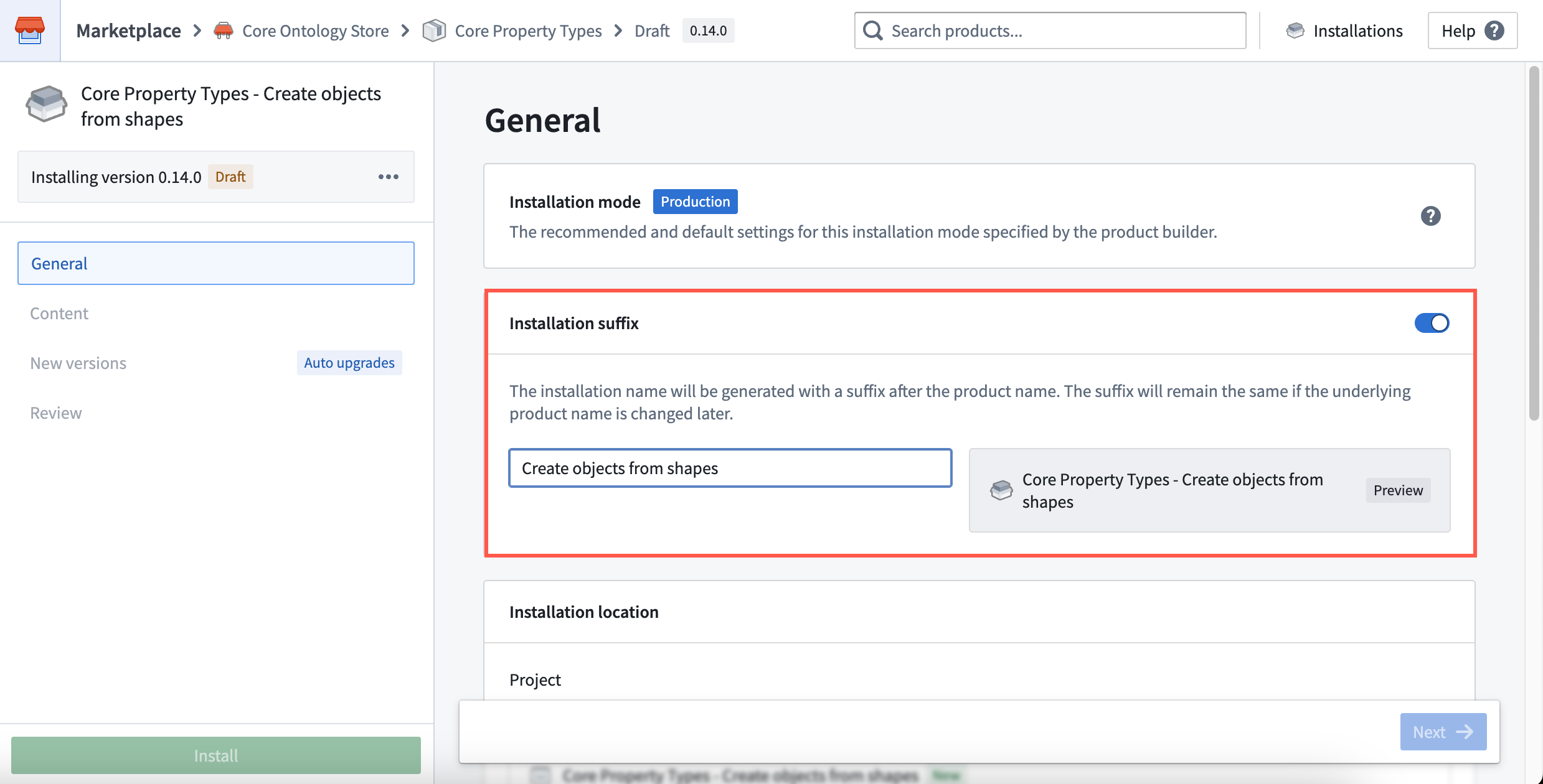 The Core Property Types product's installation window is displayed, where a user can add an installation suffix.