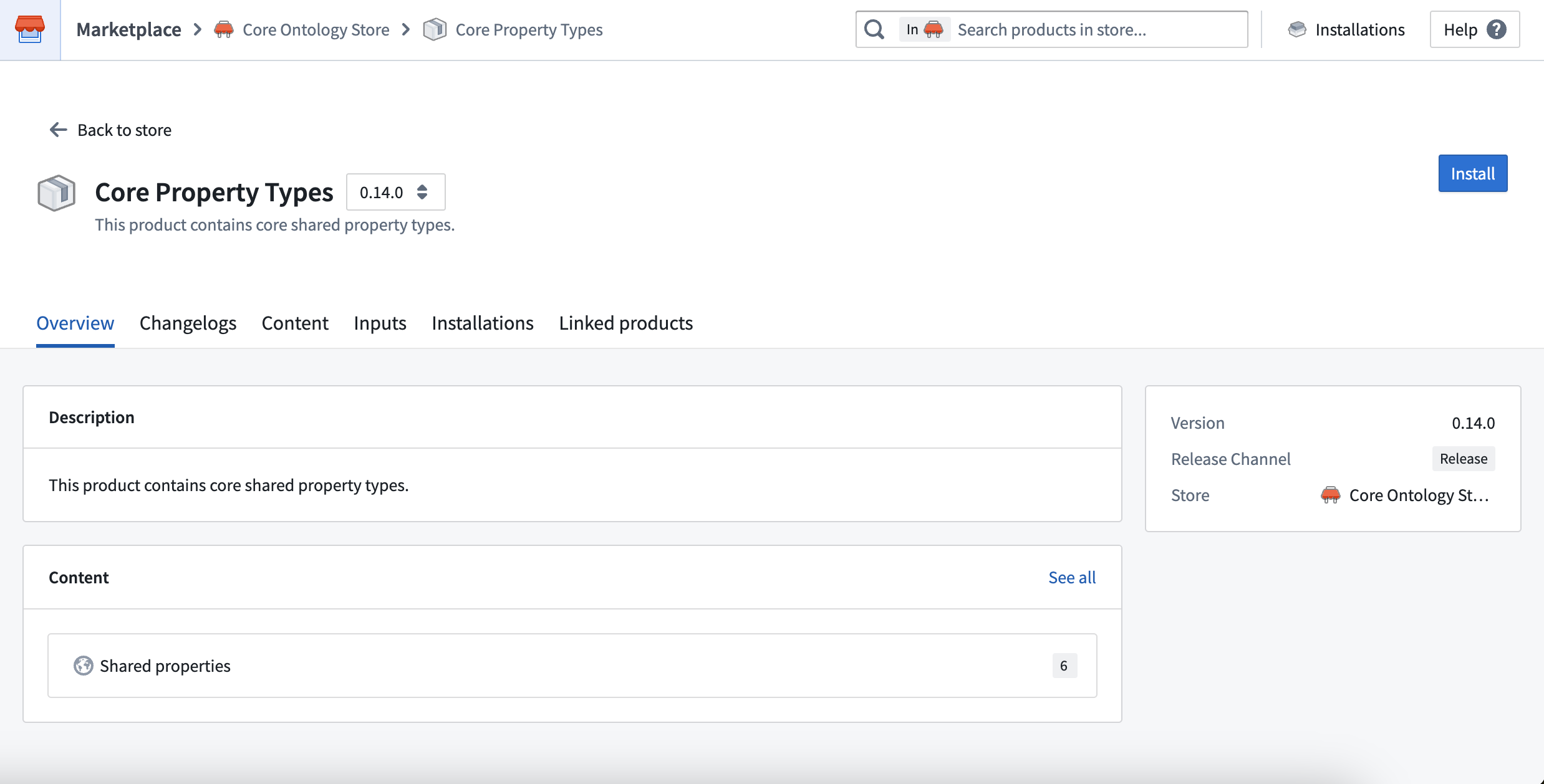 Marketplace's Core Property Types product overview is displayed within the Core Ontology Store.