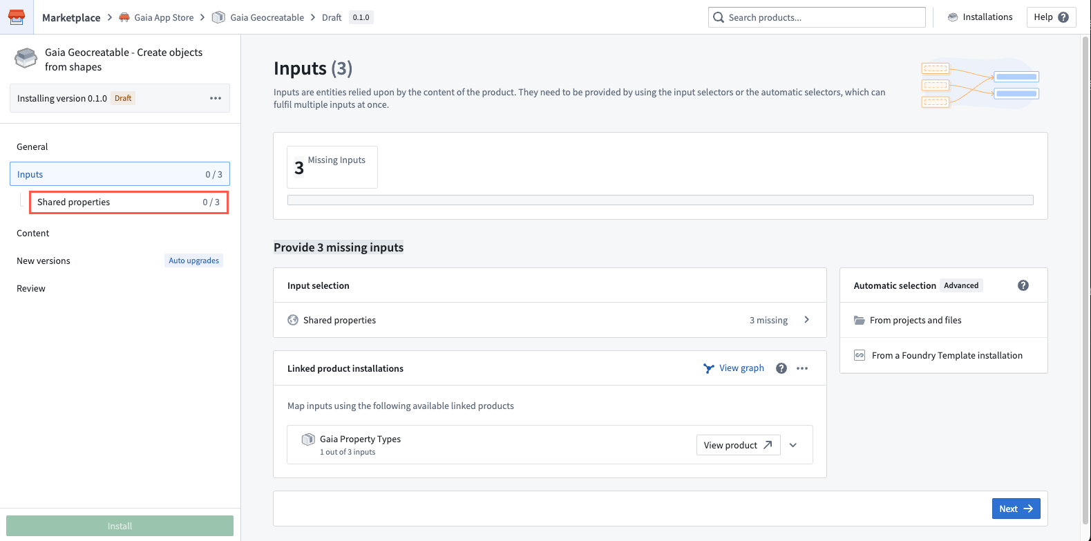 The Gaia Geocreatable interface's Inputs page is displayed, where a user can map shared properties from their Ontology as interface inputs.