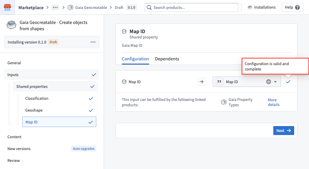 The Gaia Geocreatable interface's Shared properties page is displayed, where a user configures shared properties to include in their interface.