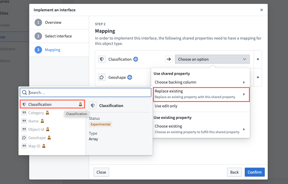 Users can validate shared property type mapping to their object type through the Implement an interface pop-up window when implementing the Gaia Geocreatable interface.