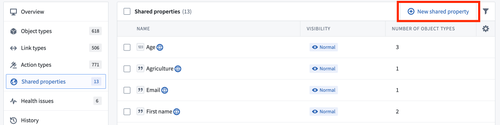 The 'New shared property' button in the 'Shared properties' tab.