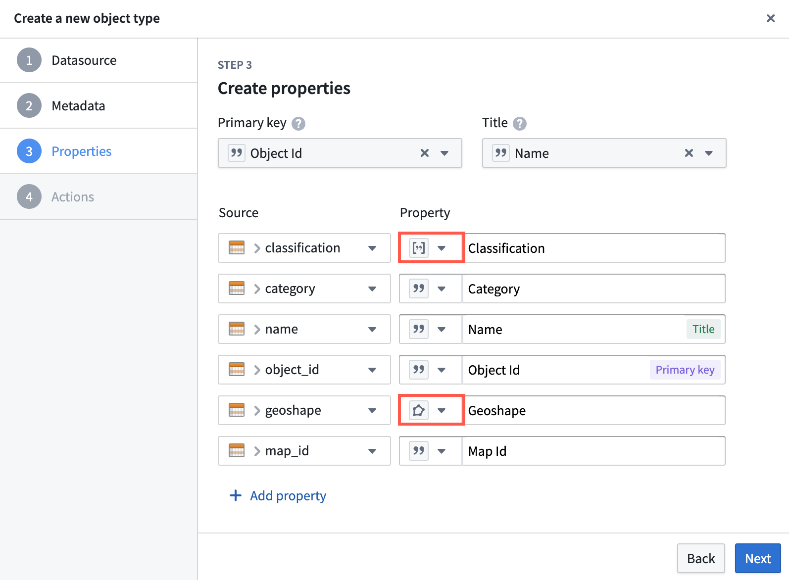 Ontology Manager's Create a new object type window is displayed, where a user can set an object type's Primary Key and Title as well as configure properties.