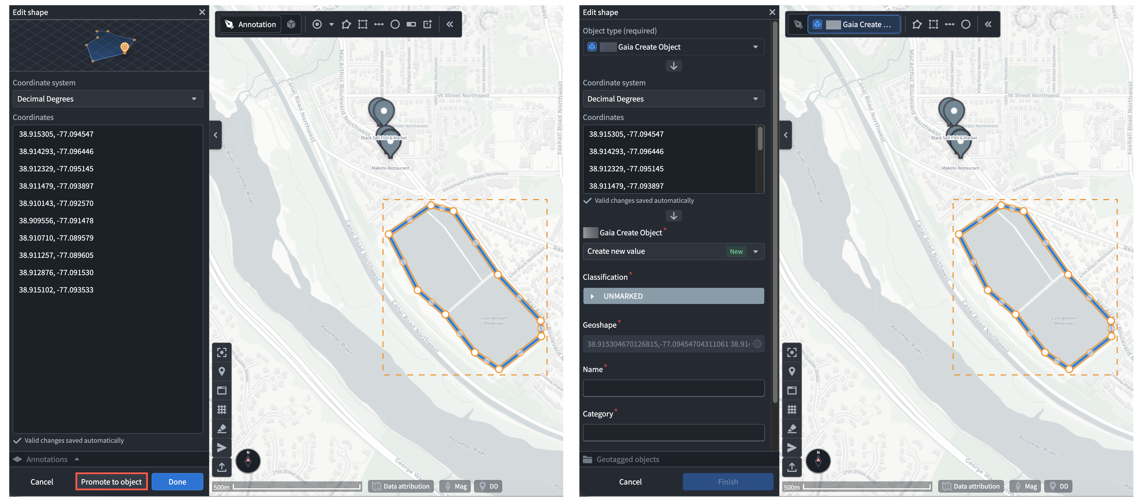 A Gaia map displays an annotation that a user promotes to an object through the left panel.