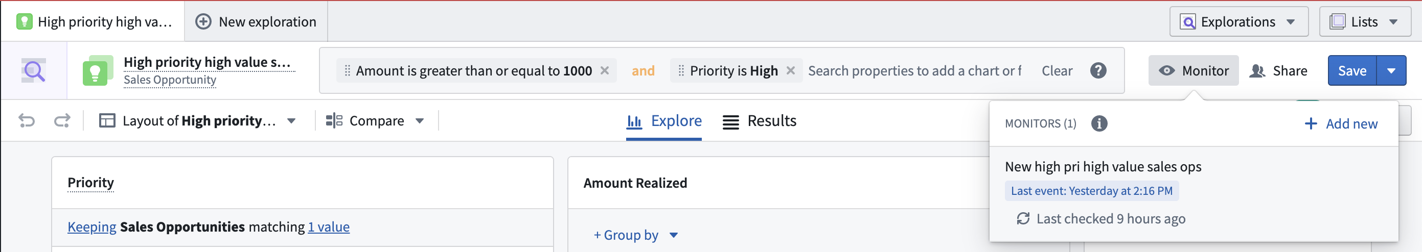 在 Object Explorer 中使用已保存探索的监控列表
