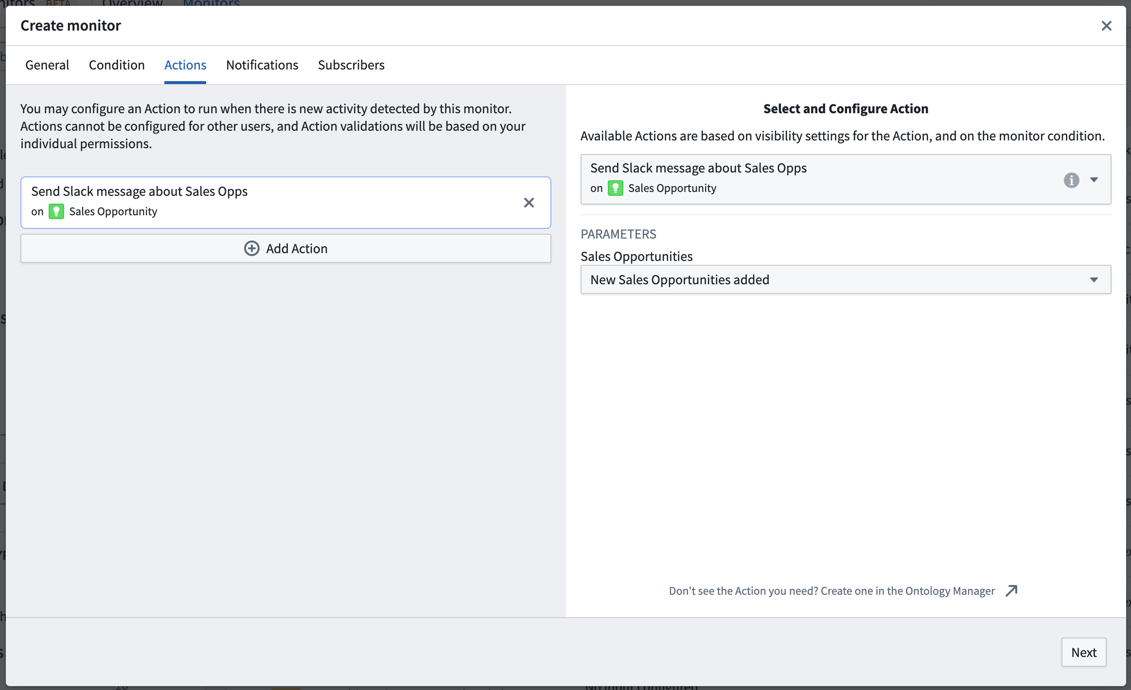 Configure Actions in Object Monitors app