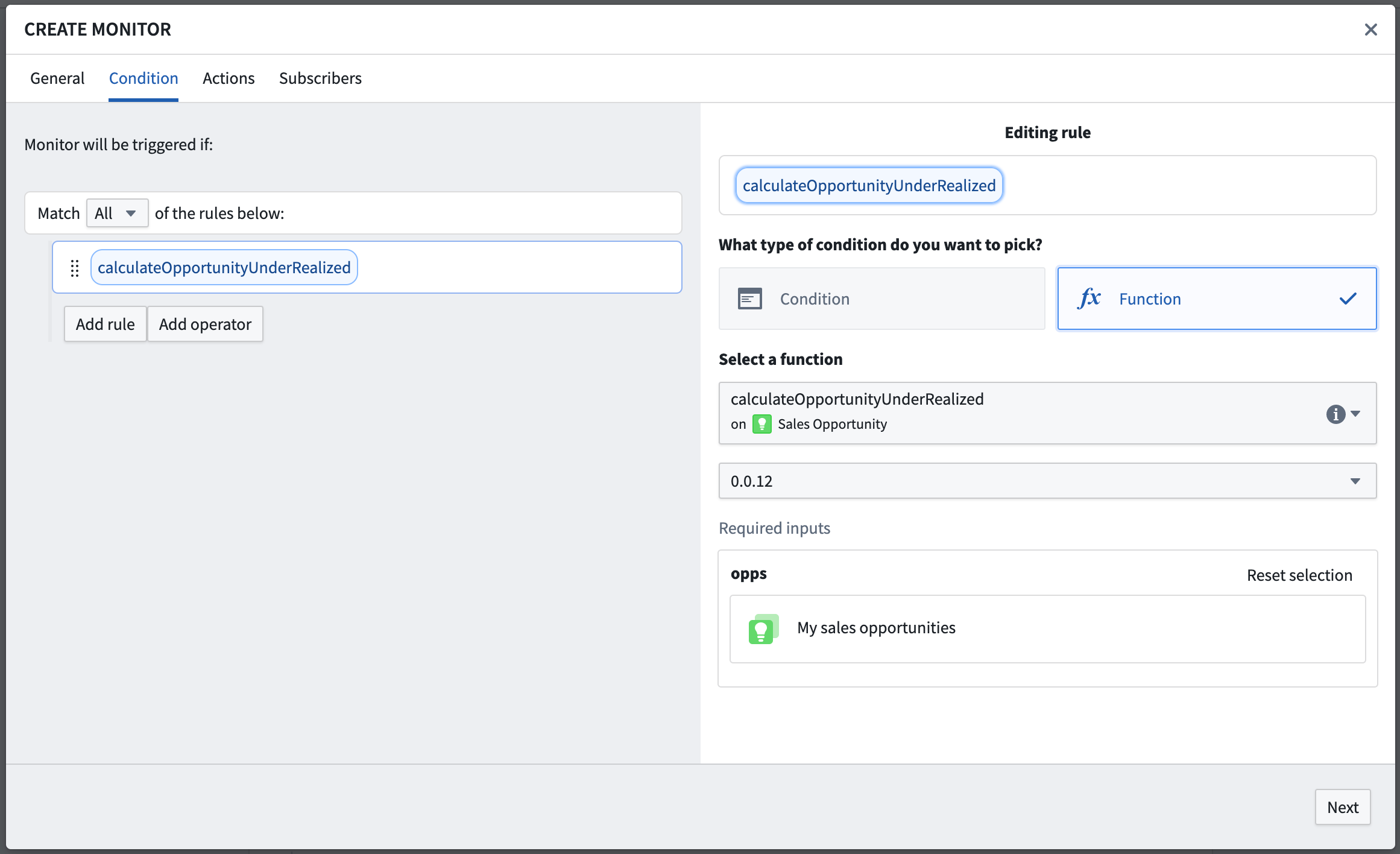 Example Function-backed Sales Opportunity condition