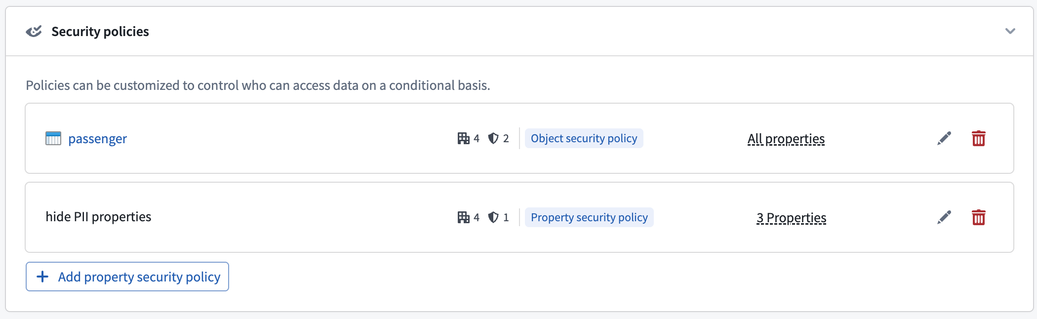 The properties covered by the object security policy.