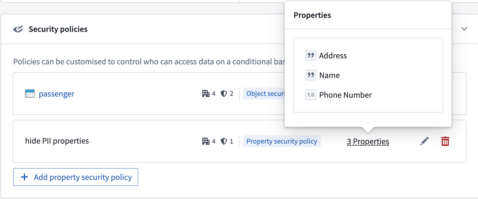 The properties covered by the property security policy.