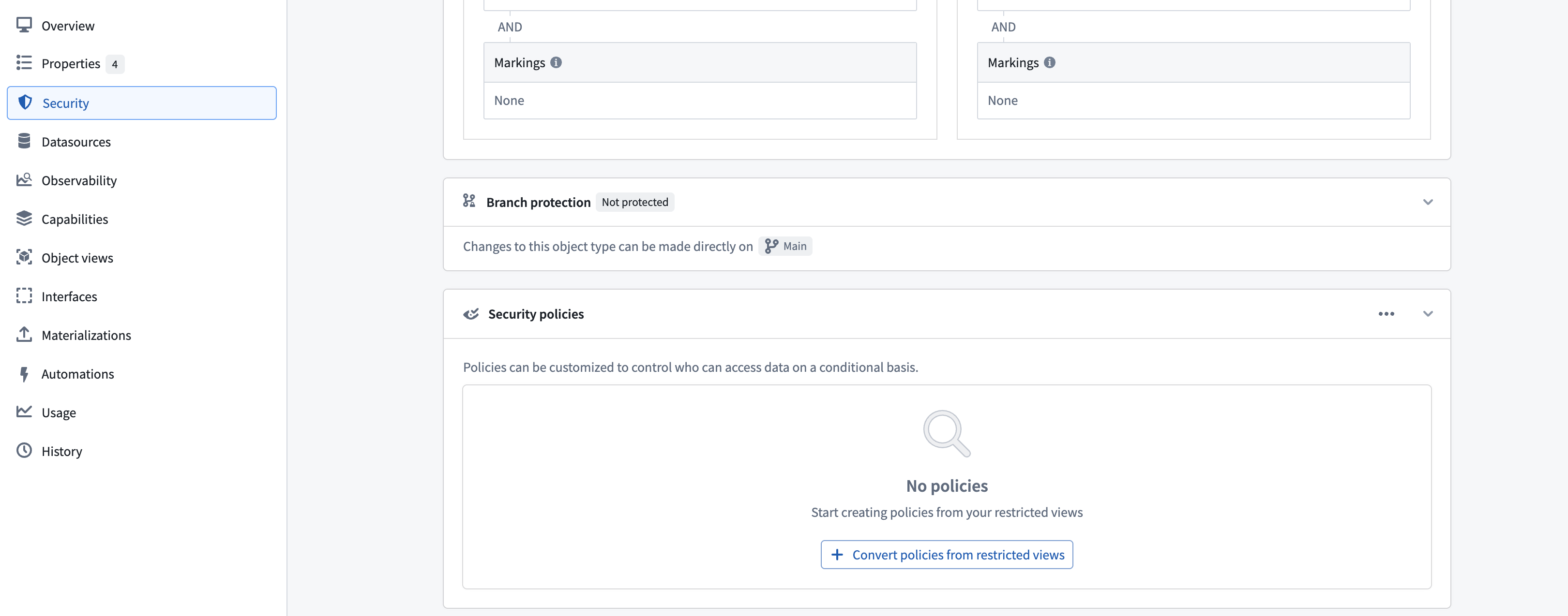 The entry point for migrating from restricted views to object security policies in the Security tab.