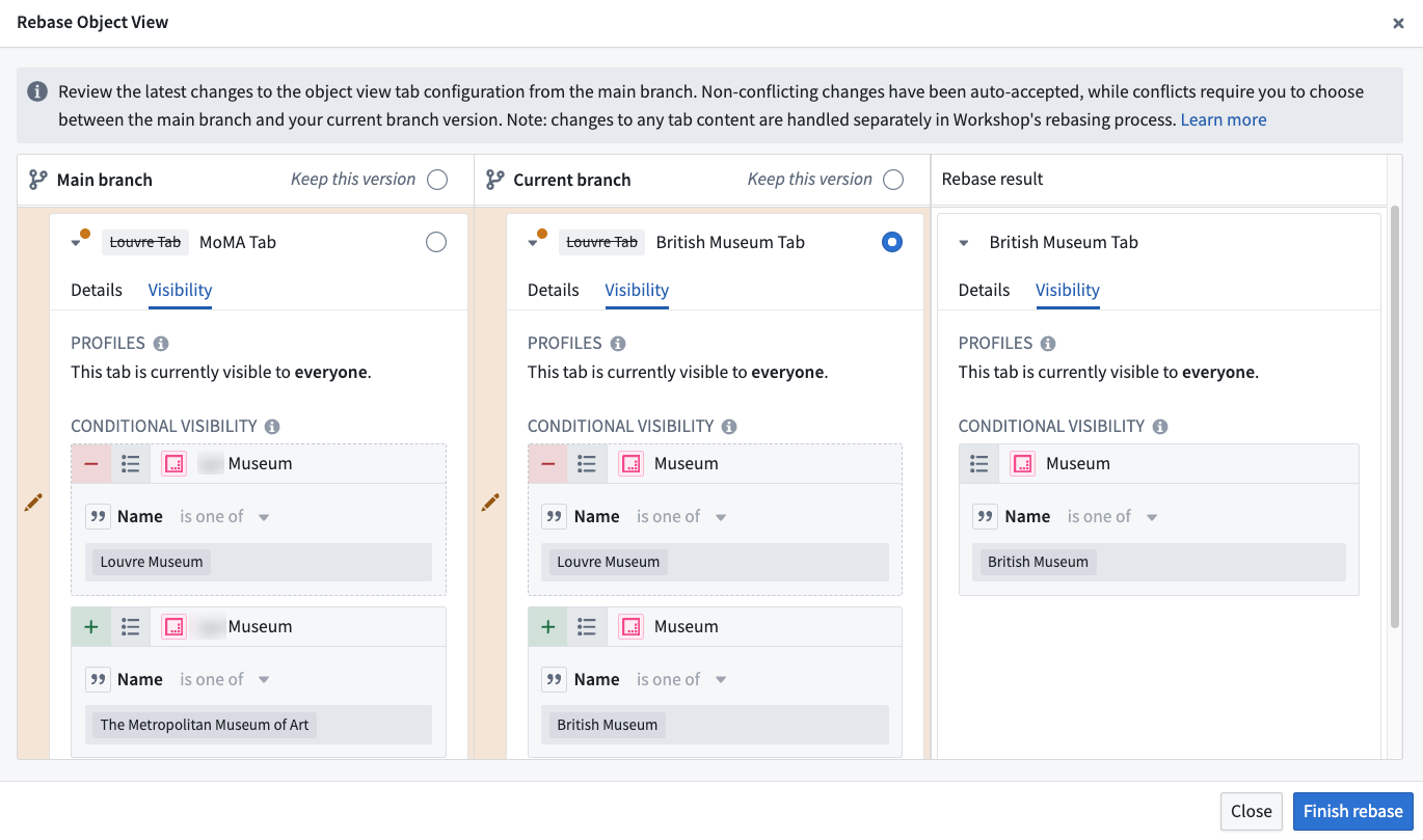 Example of resolving a conflict in the object view rebase dialog.