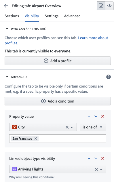 Configure tab visibility with property values and link visibility