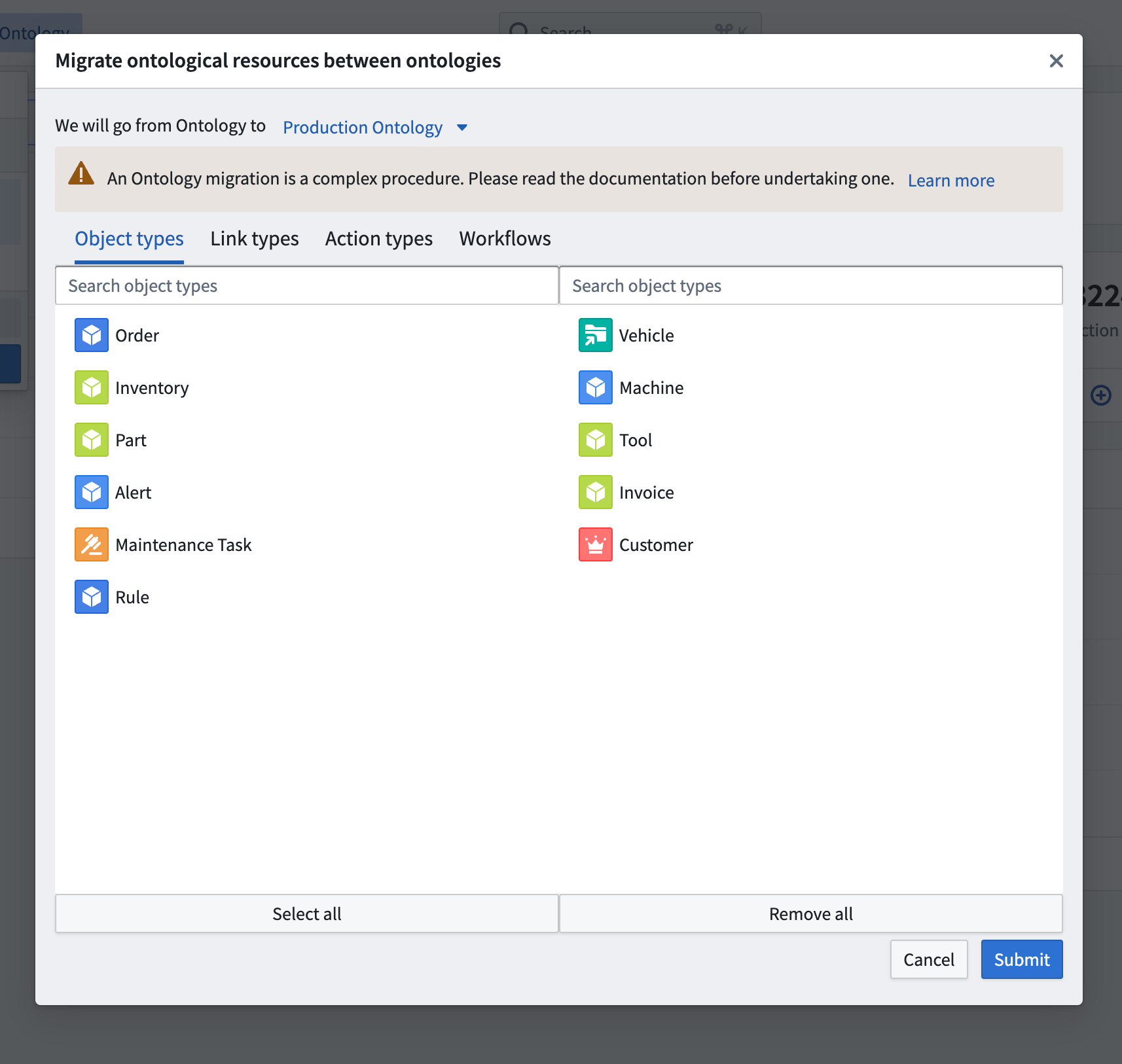 Screenshot of ontology migration dialog.