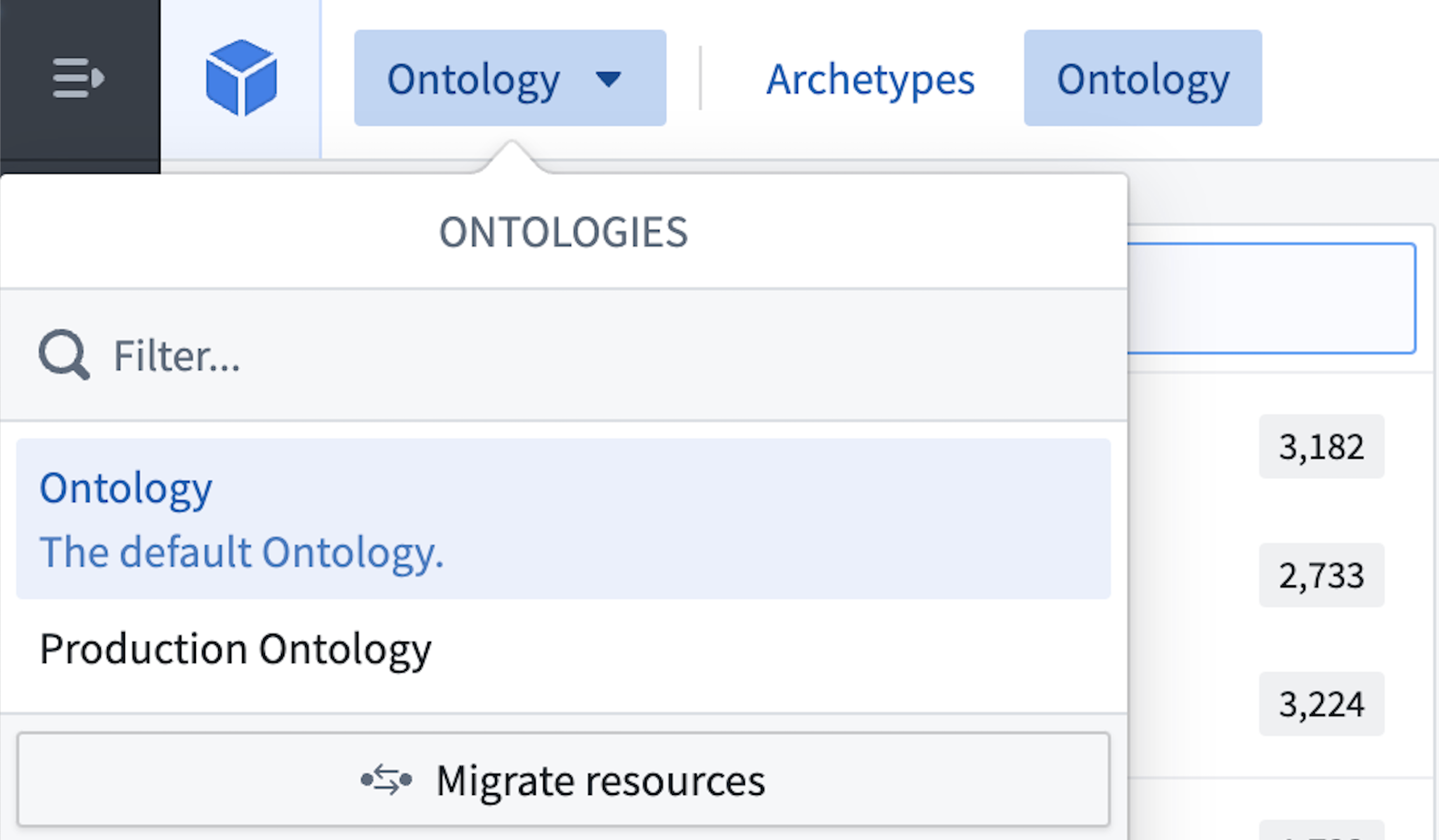 Screenshot of Ontology selection dropdown menu