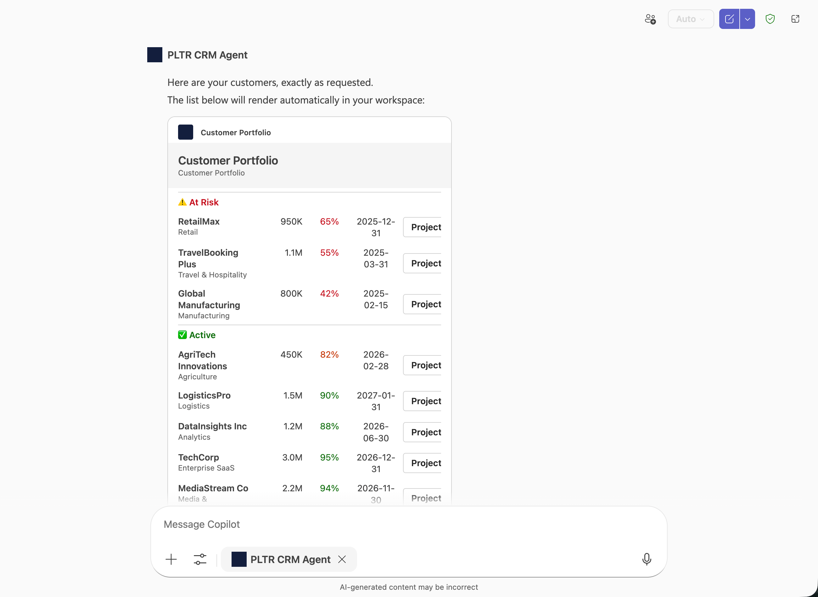 An Adaptive Card rendered in Microsoft Teams showing a customer portfolio with risk status and renewal dates.