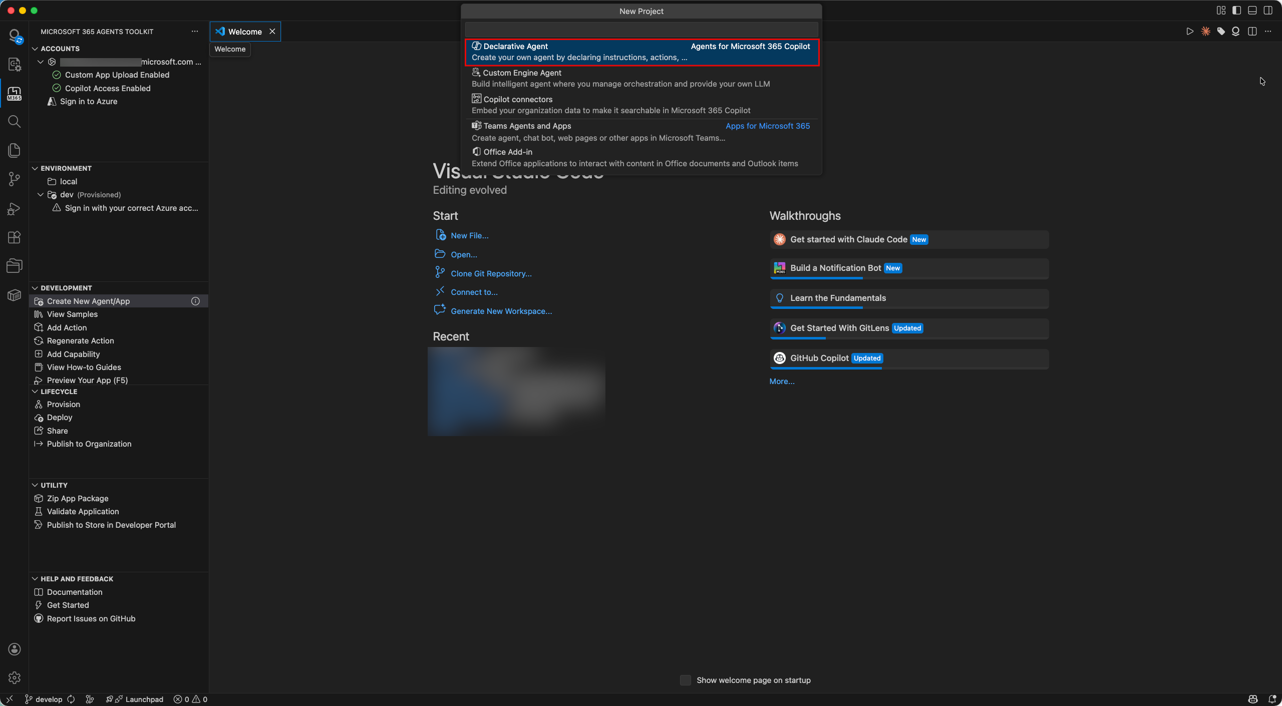 The Microsoft 365 Agents Toolkit VS Code extension is displayed.