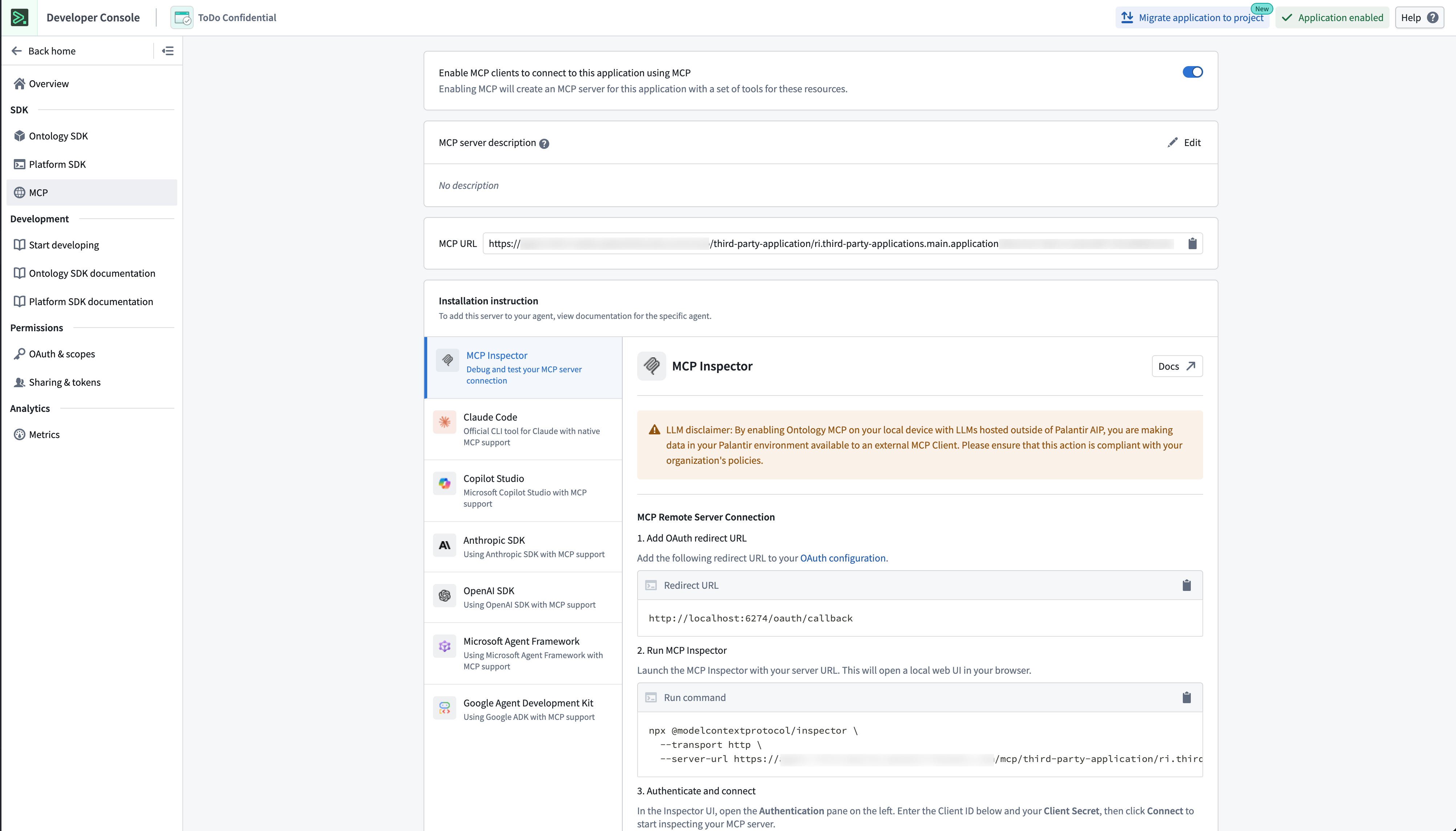 The Ontology MCP toggle in Developer Console application settings.