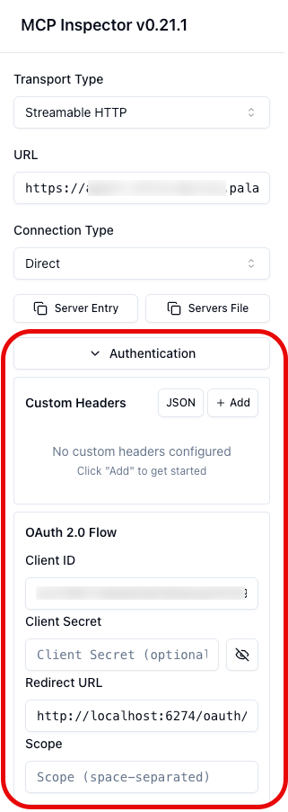The "Authentication" section, displaying the "Client ID" and "Client secret" fields.