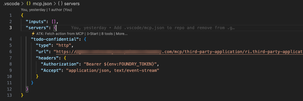 An example mcp.json file is displayed, connecting the Microsoft 365 Agents Toolkit to an Ontology MCP server.