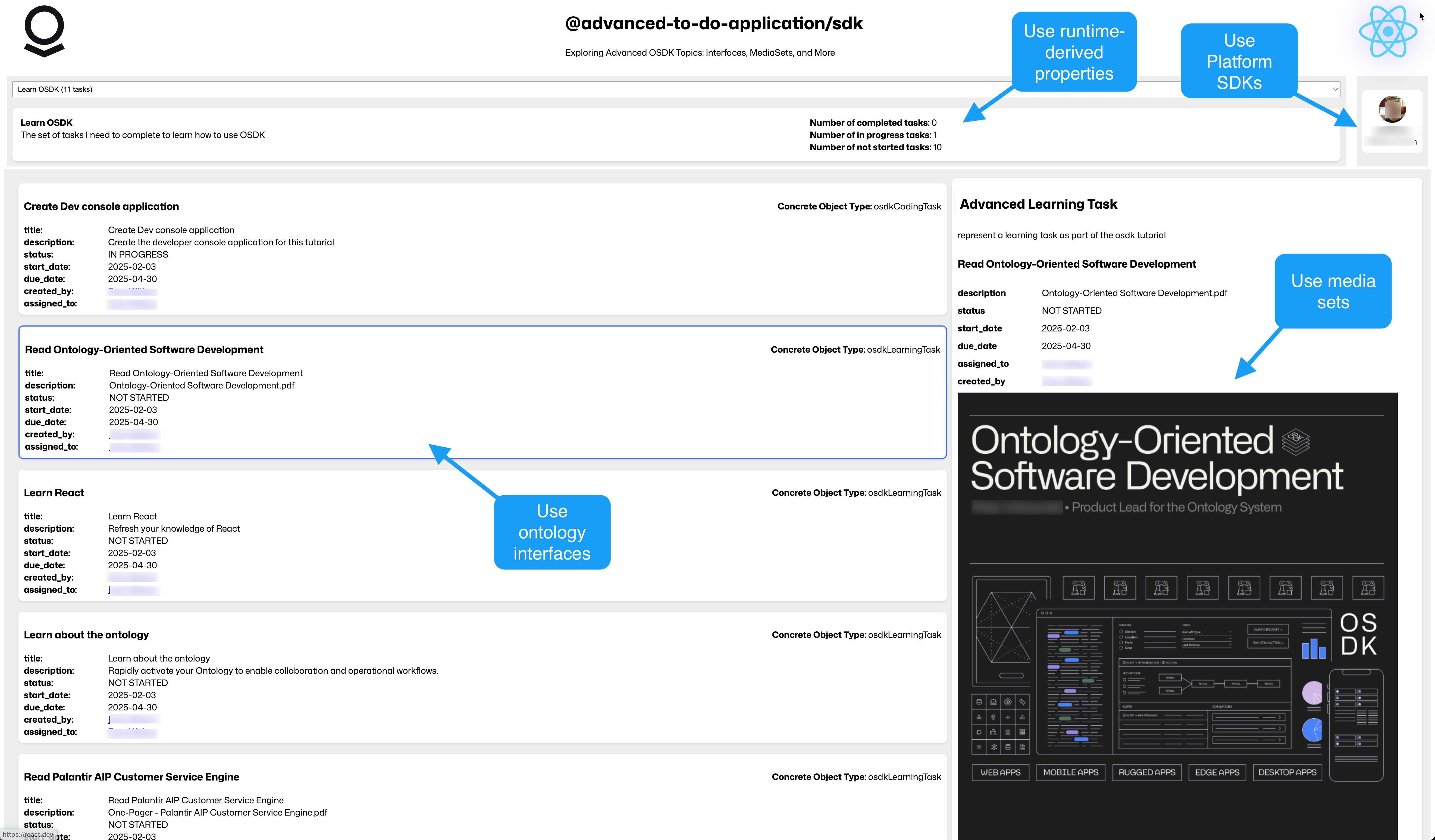 An example of the advanced to-do application, with annotations where advanced features are used.