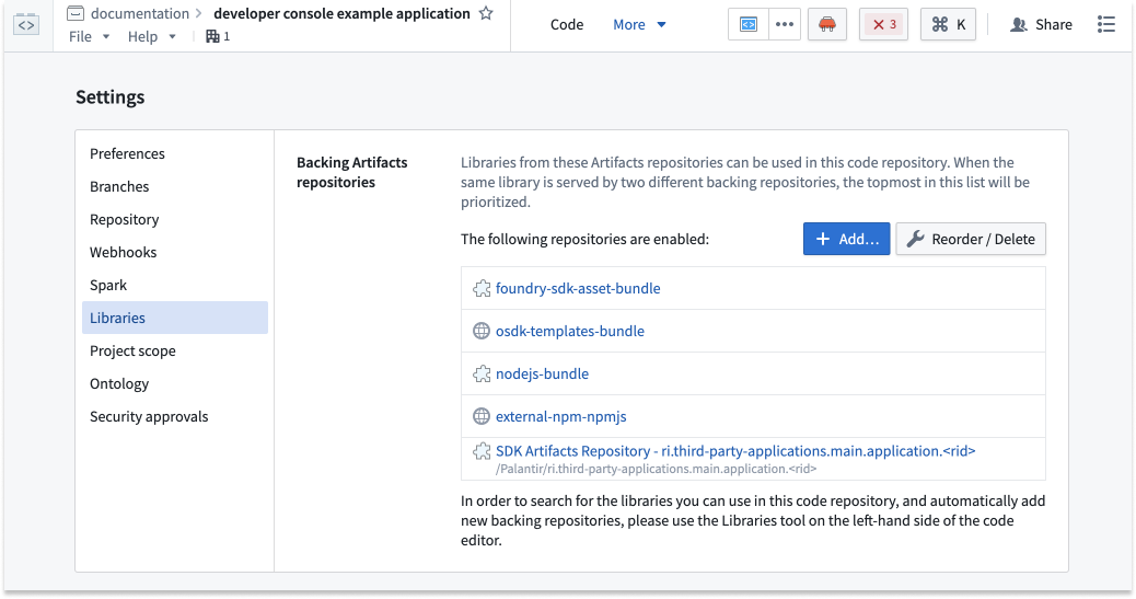 The "Libraries" setting page in Code Repositories.