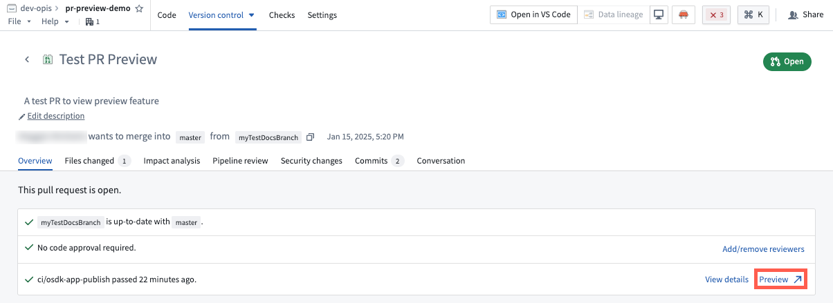 A pull request in Code Repositories with the option to view a preview of the changes.
