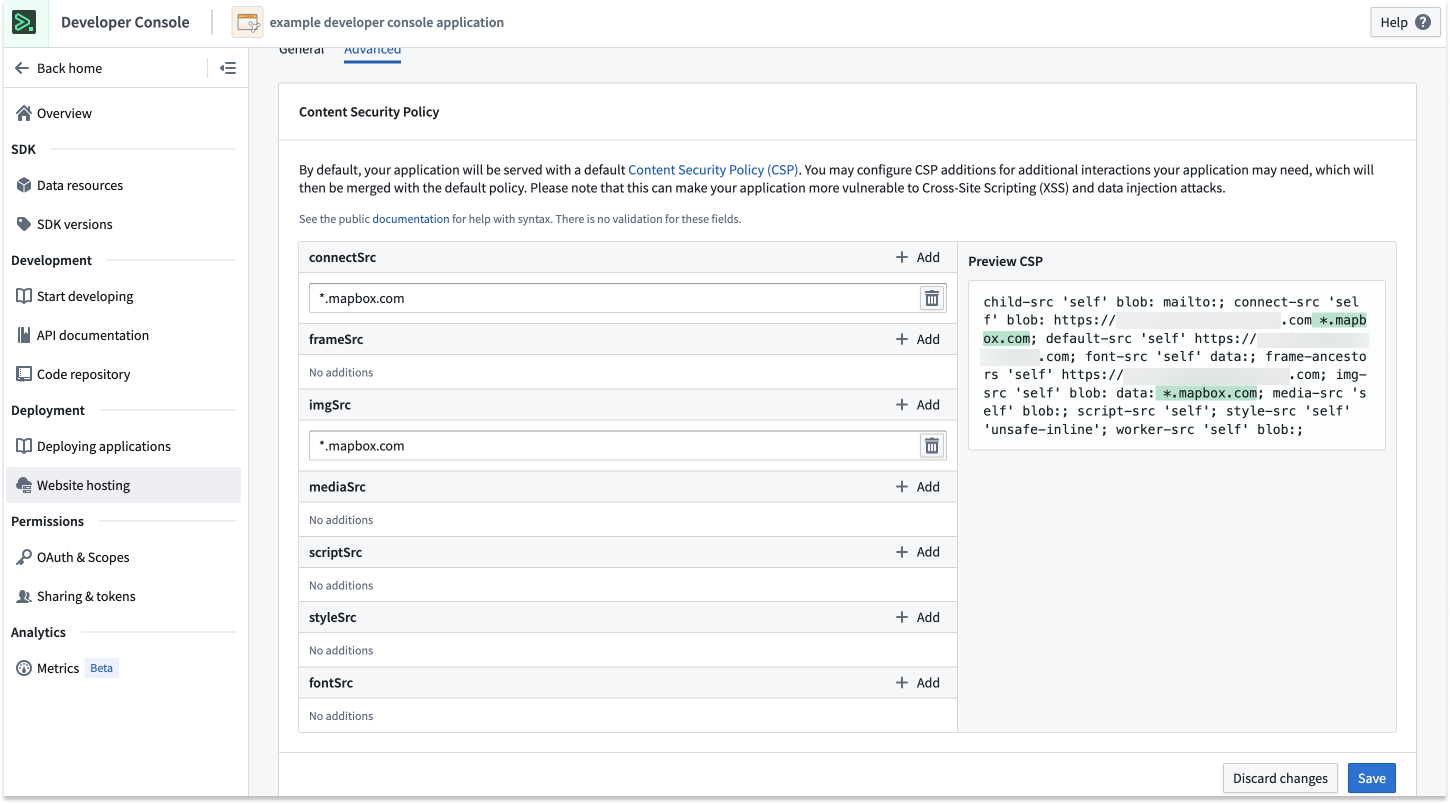 The CSP configuration screen for Developer Console.