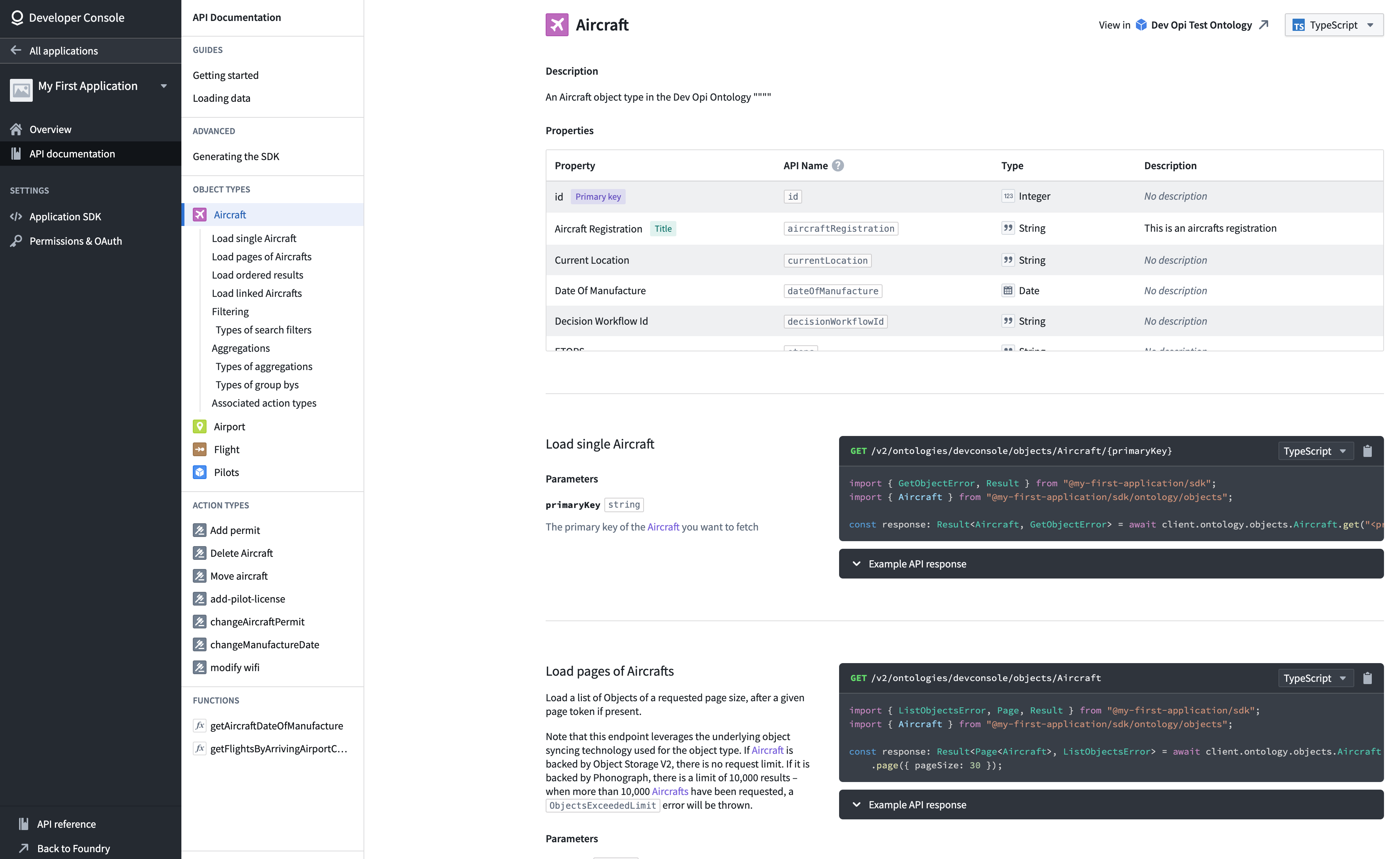 Ontology-specific documentation for the "Aircraft" object type in the Developer Console.