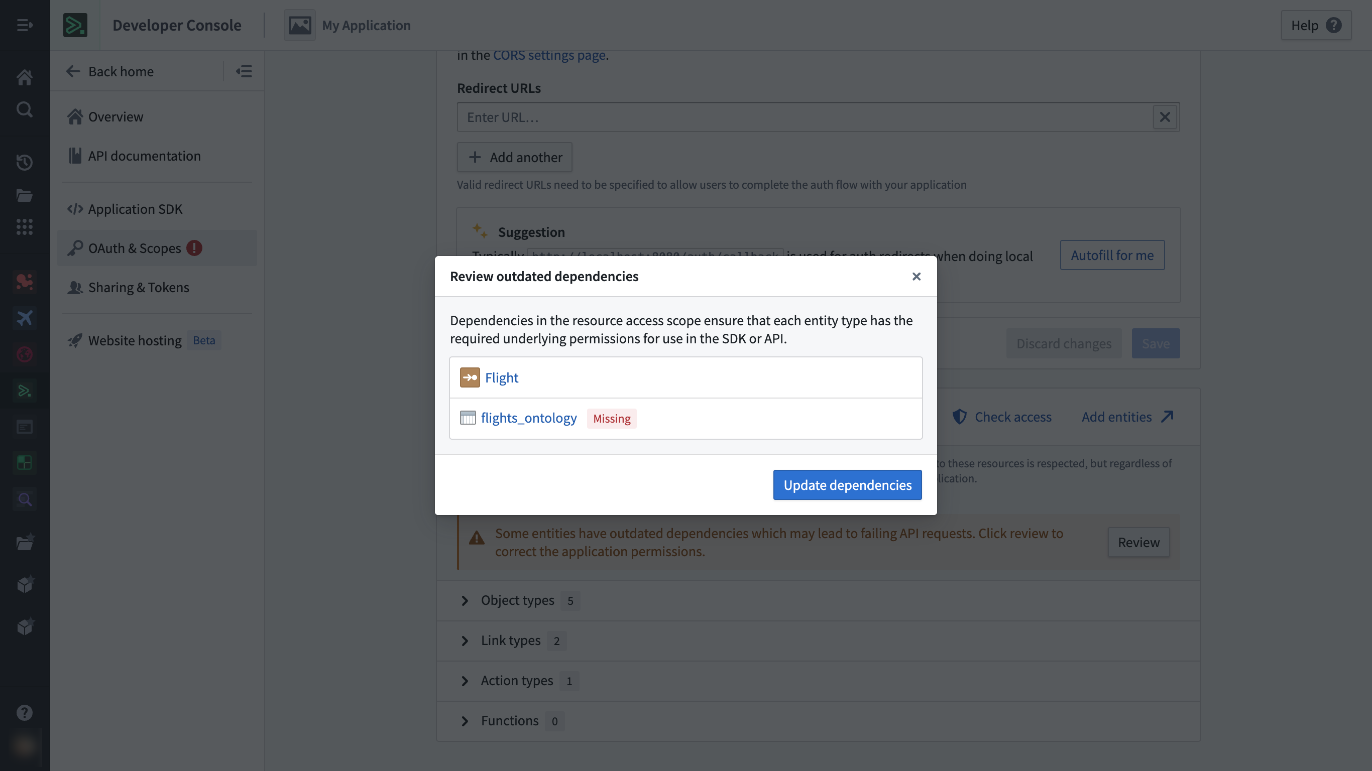 OAuth & Scopes ページでの依存関係修正ワークフロー