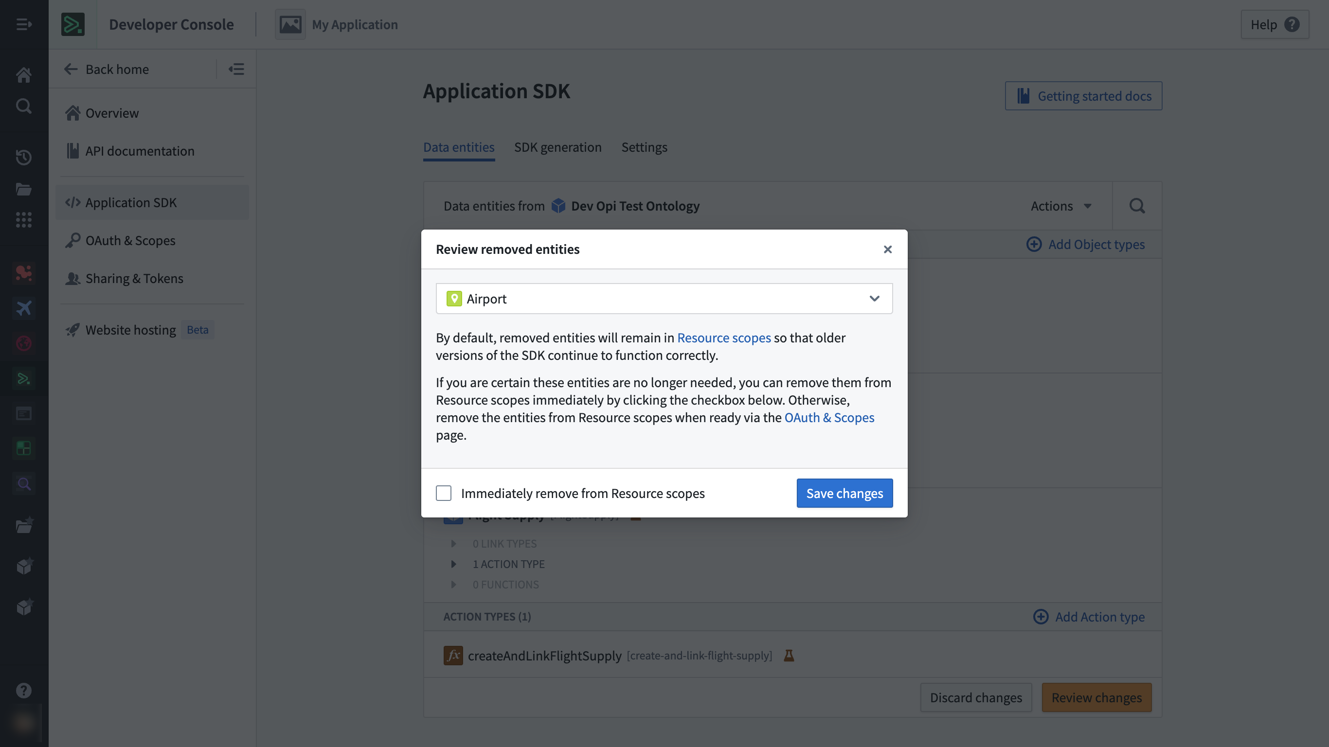 アプリケーション SDK ページでリソースを削除するときの警告
