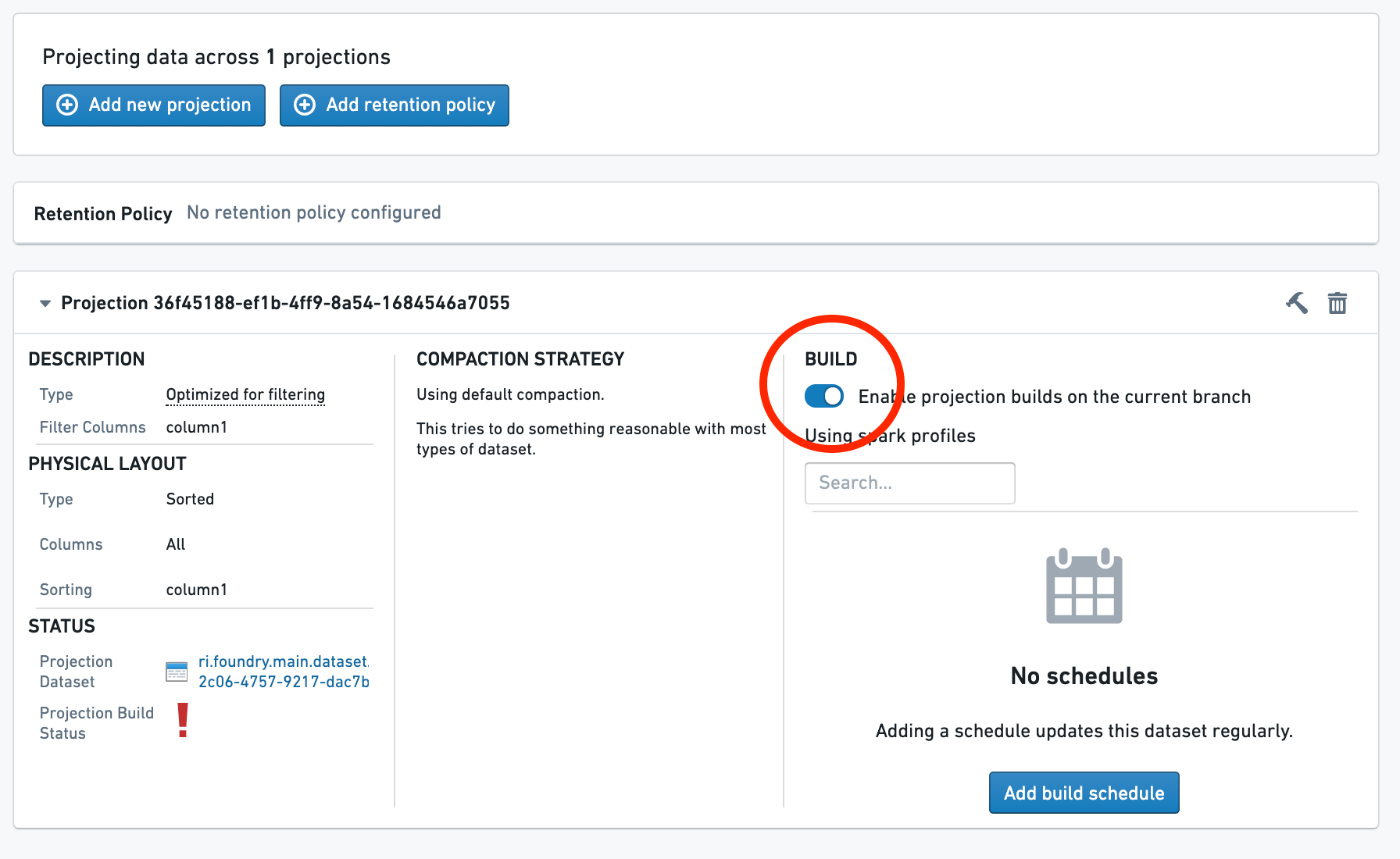 Toggle the switch to enable projection builds on the current branch, 