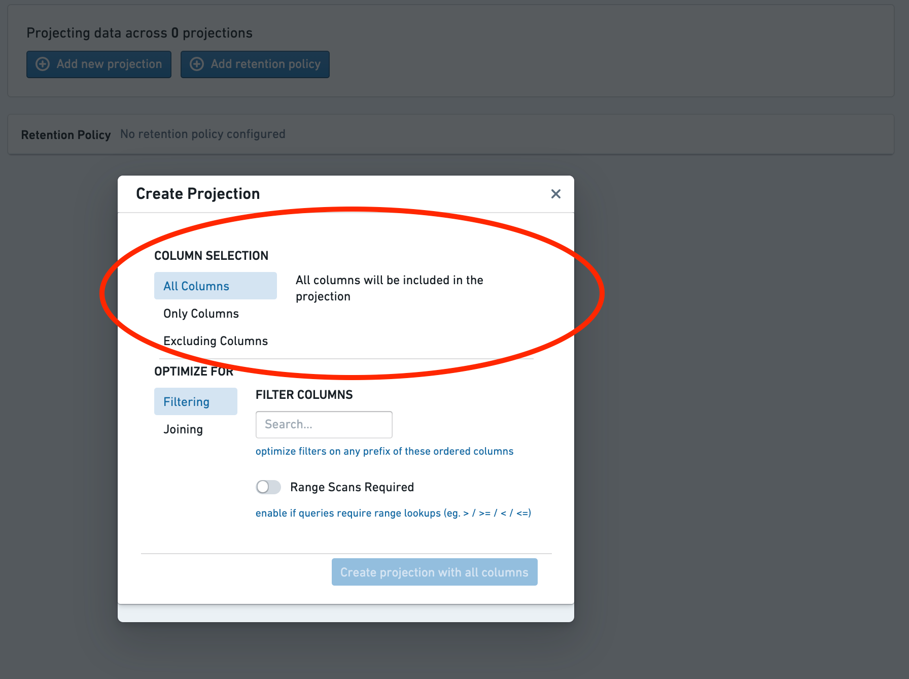 Choose to add all or only certain columns, or choose columns to exclude.