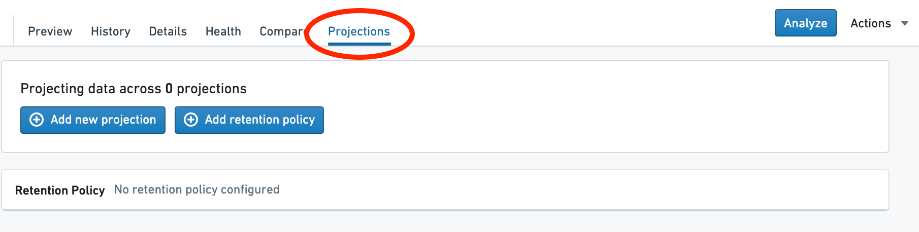 Navigate to the Projections tab of the dataset preview.