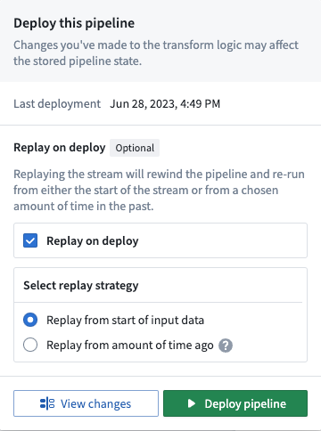 "Deploy pipeline" window showing a checked box for the "Replay on deploy" option.