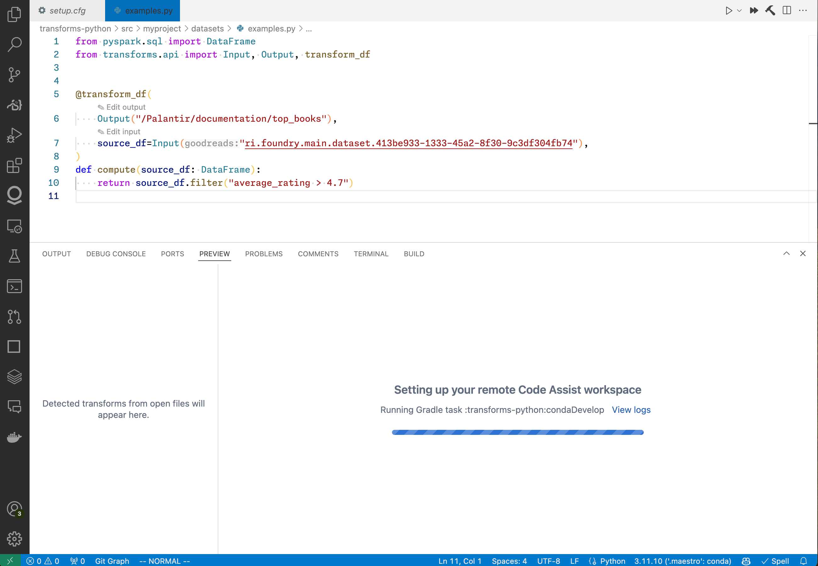 A Code Assist workspace setting up in a local VS Code environment.