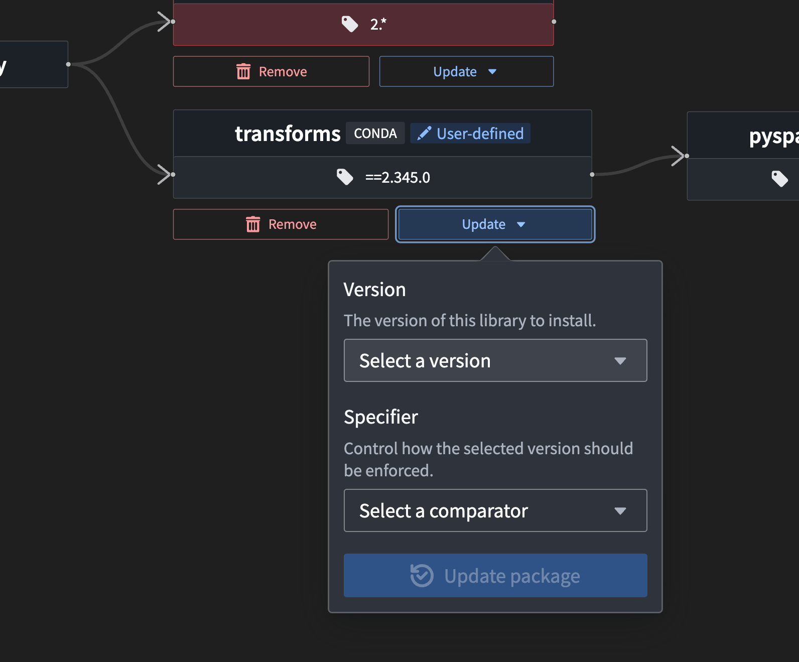 The actions available for user-defined imports in the environment debugger.