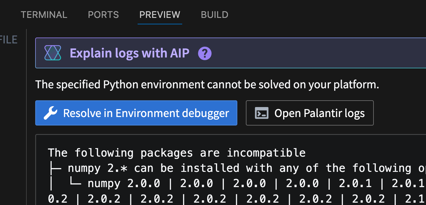The "Resolve in environment debugger" option displayed after a solve conflict.
