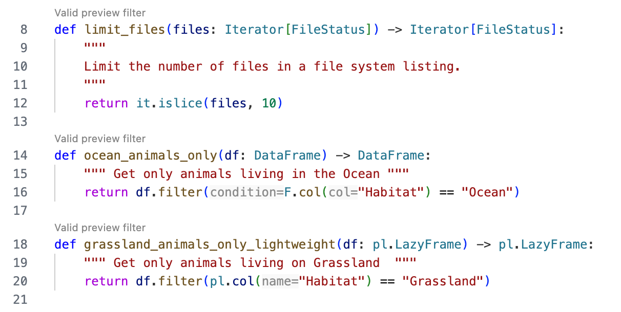 The CodeLens hint displays above eligible filter functions to indicate they are valid preview filters.