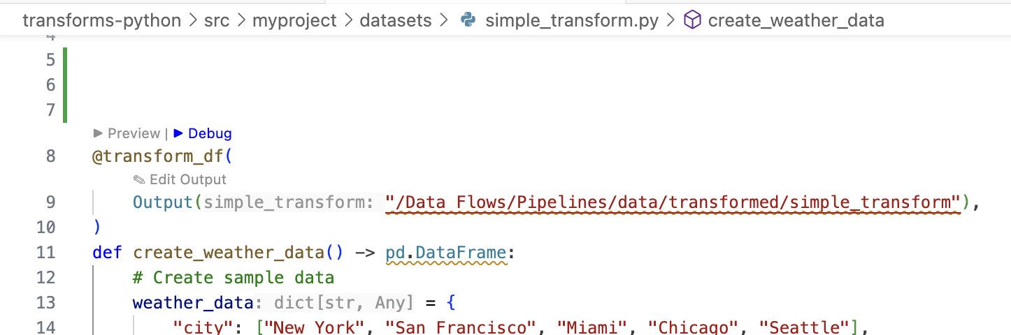 The "Debug" option above an example Python transform.