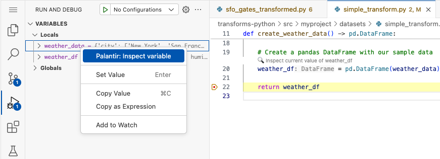The "Inspect variable" option in Visual Studio Code's Debug panel.