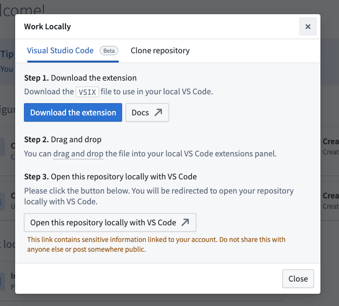 The dialog to download the extension or open in Code Repositories.