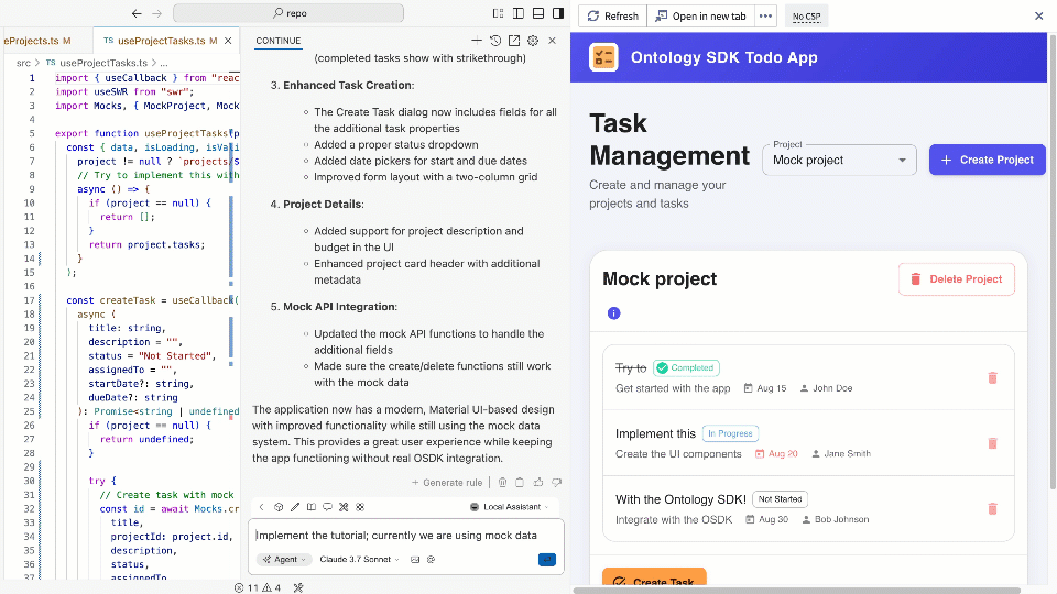 The VS Code Continue agent implements the OSDK tutorial application using Palantir MCP-provided context.
