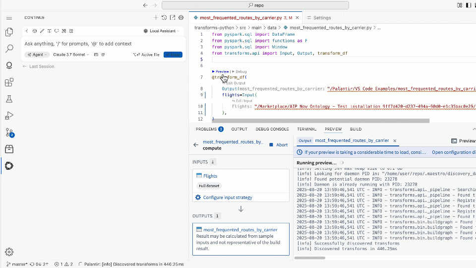 The VS Code continue agent previews a transform, fixes it, and re-runs preview to confirm.