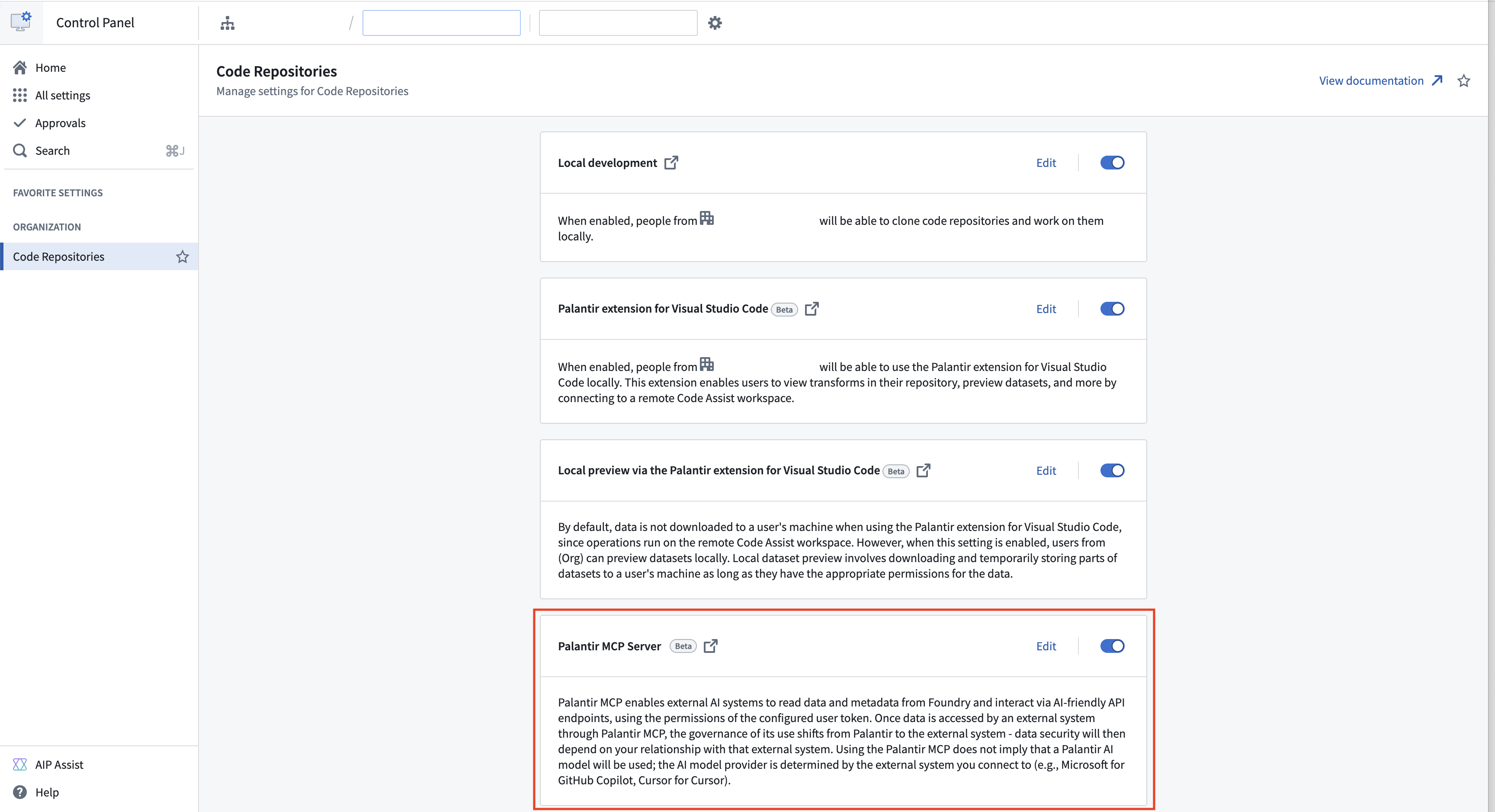 The Palantir MCP in Control Panel