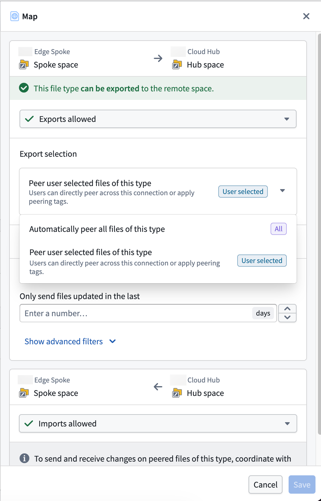 The file type peering drawer displays a map's peering configuration options.