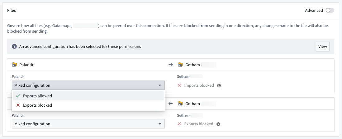 The Files section of a peer connection's Settings tab in Peer Manager is displayed.