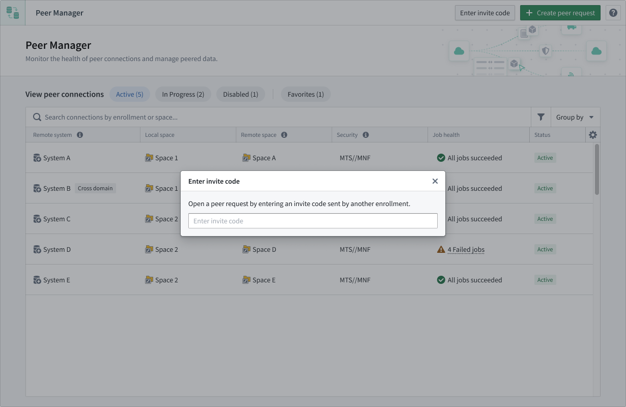 Peering connections import code dialog.