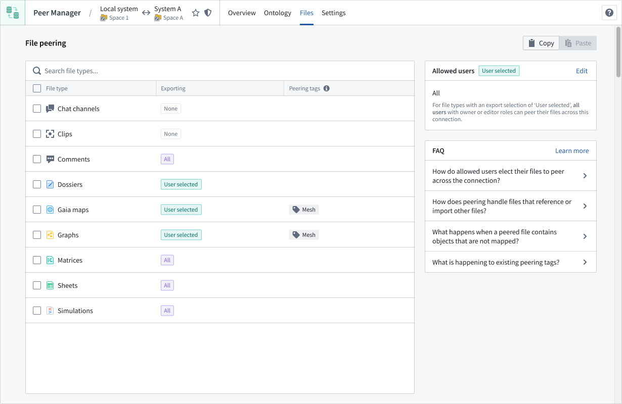 The Files page displays file peering configuration options for a peer connection in Peer Manager.